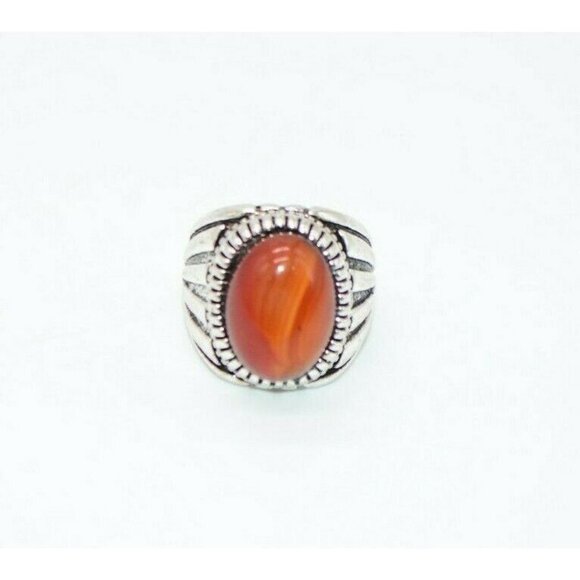 Red Brown Striated Glass Cabochon Silver Tone - Picture 1 of 4